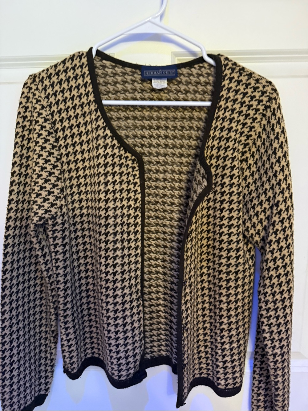 Vintage Herringbone Open-Front Cardigan Sweater - Camel & Chocolate